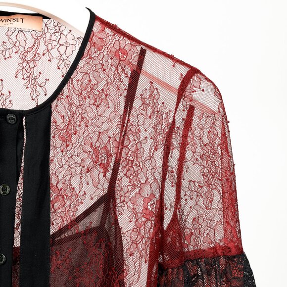 Twinset Burgundy & Pink Lace Ruffle Tie-Neck Blouse - Picture 5 of 10